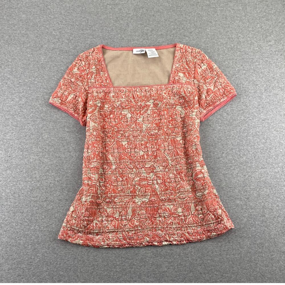 y2k East 5th Crinkle Top Womens M Pink Tan Square Neck Pointelle Knit Preppy